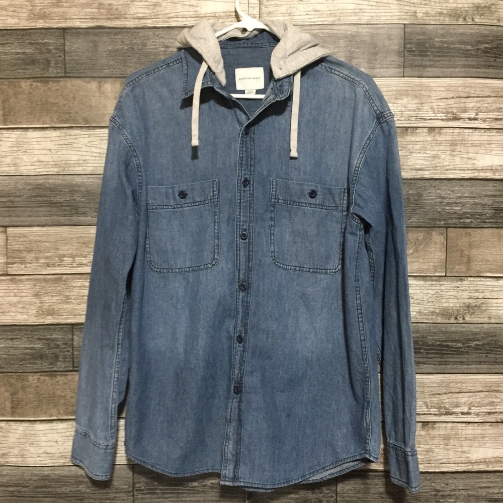 American Eagle Denim Shirt Hoodie Men’s S Blue Button Up Detachable Hood - Picture 3 of 9